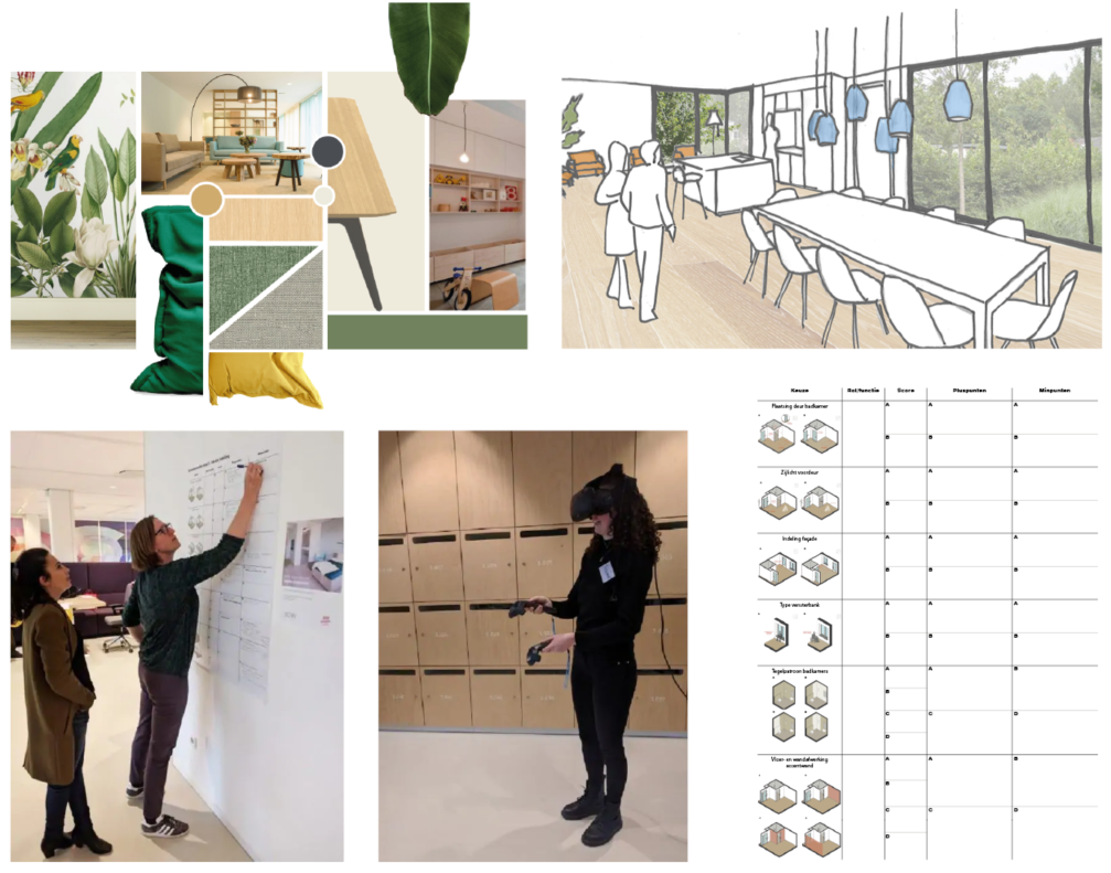 Ontwerpproces zorgwoningen; moodboarden, schetsimpressies en VR-ontwerpsessies met de medewerkers van Ipsen de Bruggen in een virtuele muck-up studio. KOW