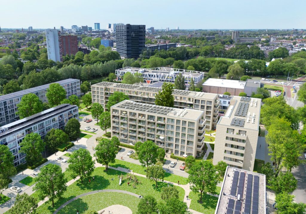 Impressie overview nieuwbouw 3 woonblokken De Mix. KOW